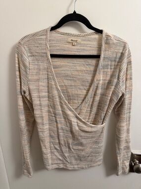 Madewell Cream Heathered Ribbed V-Neck Wrap Sweater